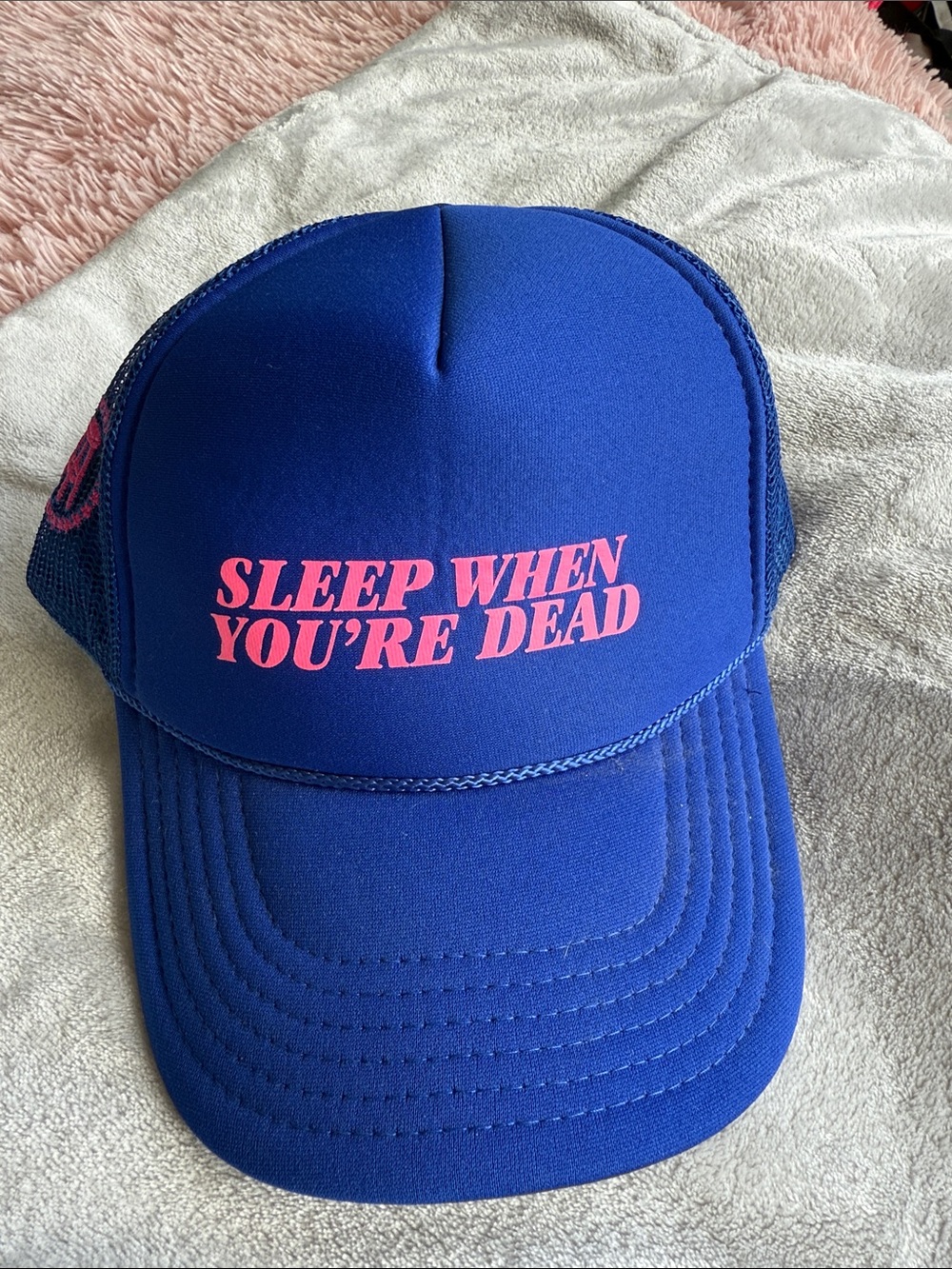 Blue Trucker Hat with Pink 'Sleep When You're Dead' Slogan